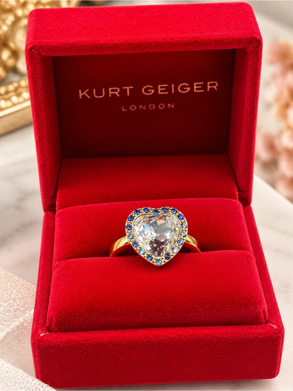 Kurt Geiger London Crystal Heart Halo Ring Gold Tone Blue Size 7 (BN1/po)